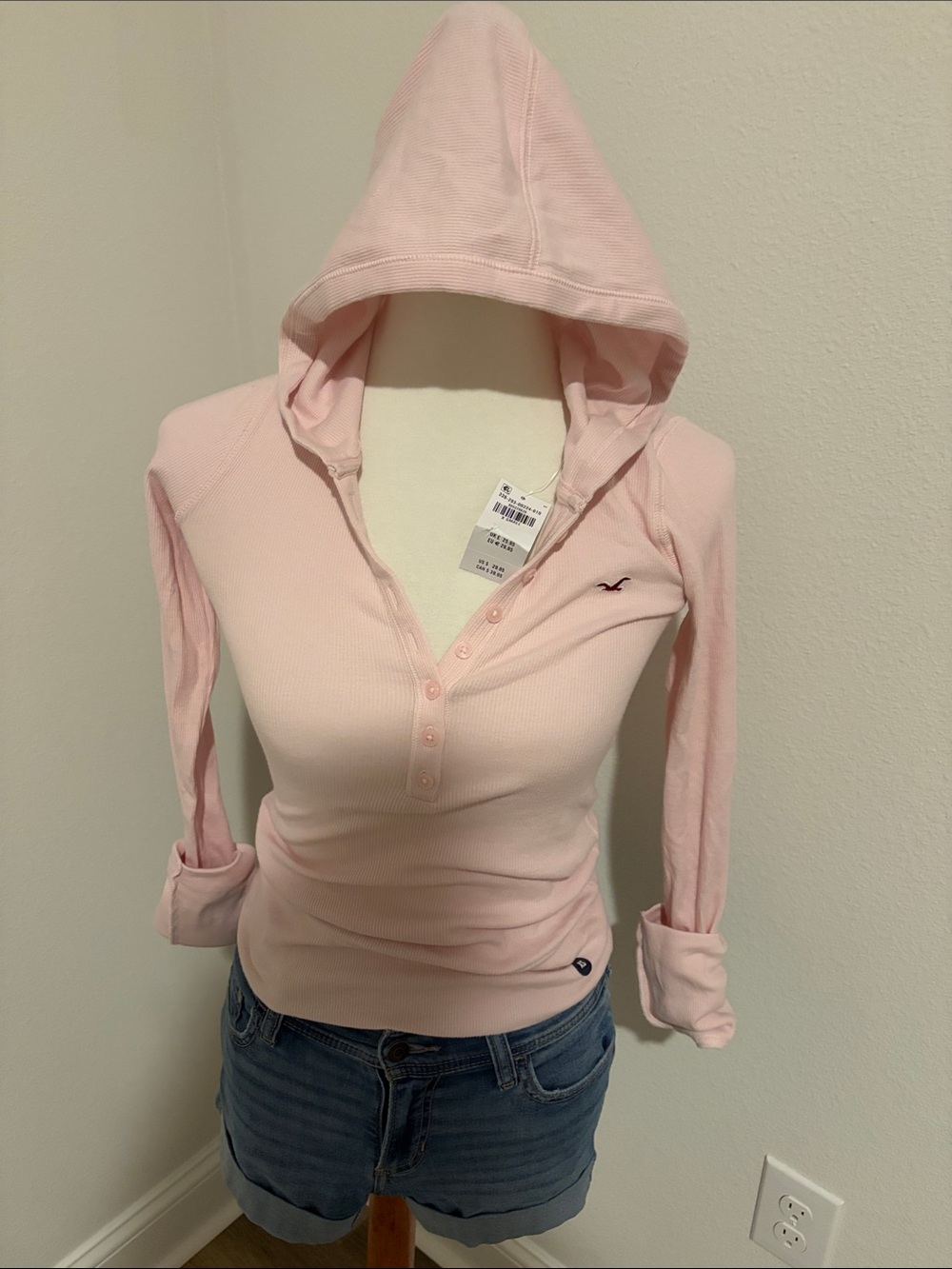Hollister Pale Pink Ribbed Hooded Henley